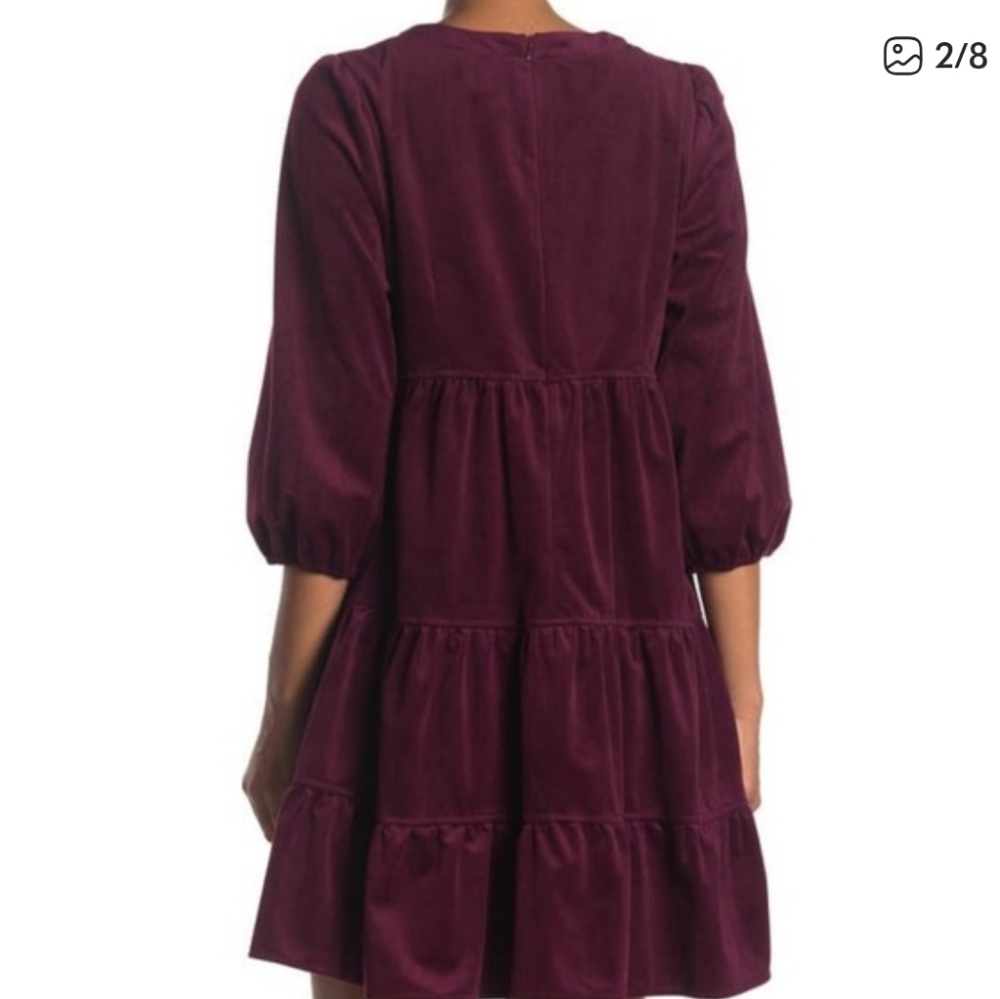 Melonie T Burgundy V-Neck Tiered Corduroy Dress Size 14 - Picture 2 of 8